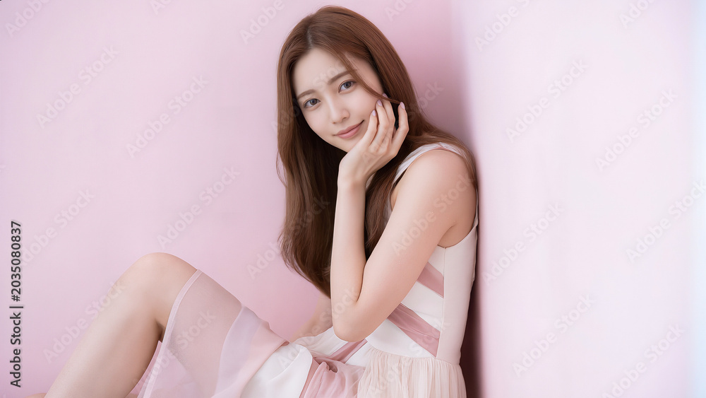 Obraz premium 枕にもたれてくつろぐ若い女性の室内ポートレート 上品な雰囲気