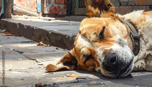 A sun-drenched street scene features a sleeping dog, enjoying the warmth and resting peacefully. The image evokes a sense of tranquility