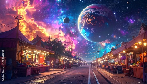 Vibrant city street with colorful aurora display.