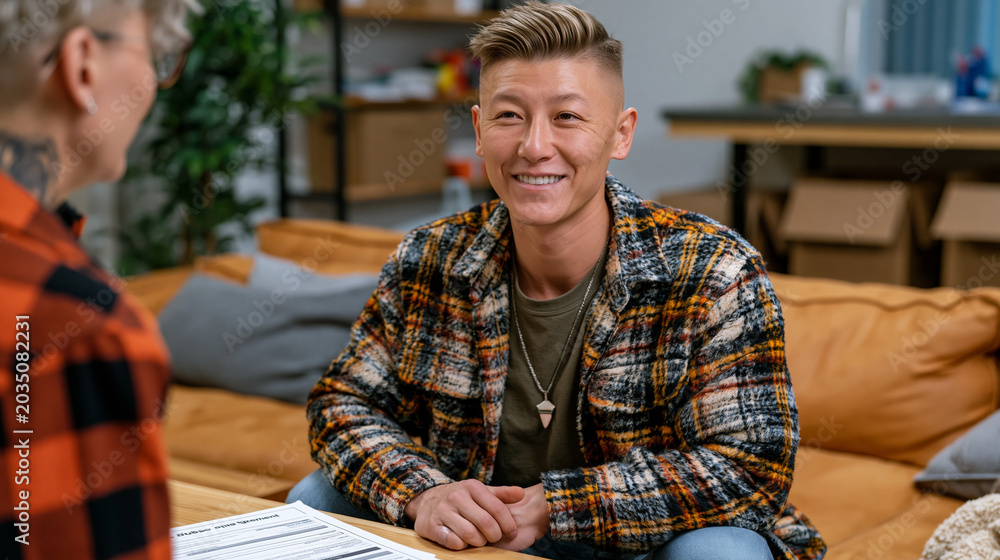 Obraz premium Recently discharged military woman in nonprofit transitional housing meeting with social worker in modest furnished apartment, lease agreement and utility assistance paperwork on coffee table, perso