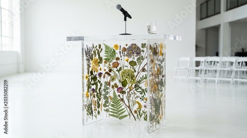 Acrylic Podium with Floral Design in a Minimalist Setting