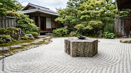 Zen Garden with Stone Pedestal and Incense in a Tranquil Setting