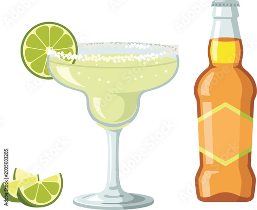 Classic Mexican lime margarita cocktail with salted rim glass and jarritos soda glass bottle illustration