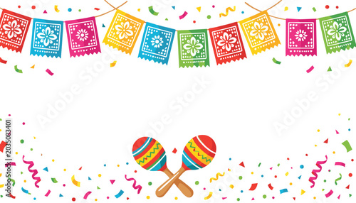 Mexican fiesta background template with colorful papel picado garland flags maracas shaker instrument and falling confetti decorations for Cinco de Mayo poster