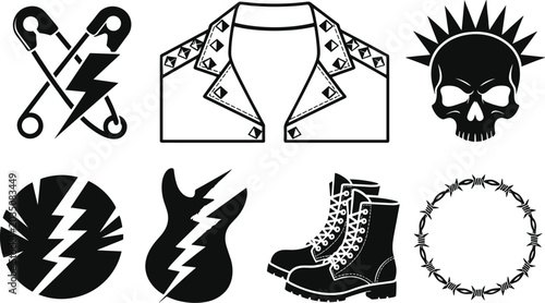 Photos Punk rock music subculture vector silhouette icon set featuring skull with mohaw