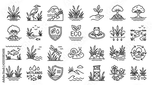 Foto Wetland and shoreline protection outline icon set featuring cattail marsh ecolog