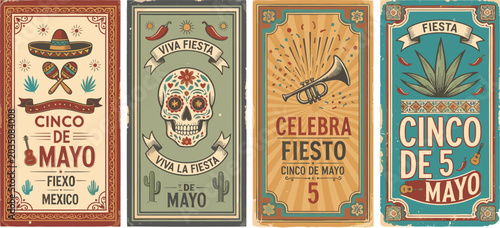 Obraz na płótnie Cinco de Mayo retro vertical banner templates featuring sugar skull sombrero mar