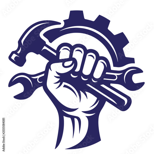 Industrial labor and manual work symbol with a strong fist holding a hammer and wrench tools set against a mechanical gear background in dark blue vector illustration