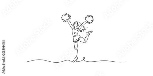 Bild auf Leinwand Cheerleader jumping with pom poms, single line drawing