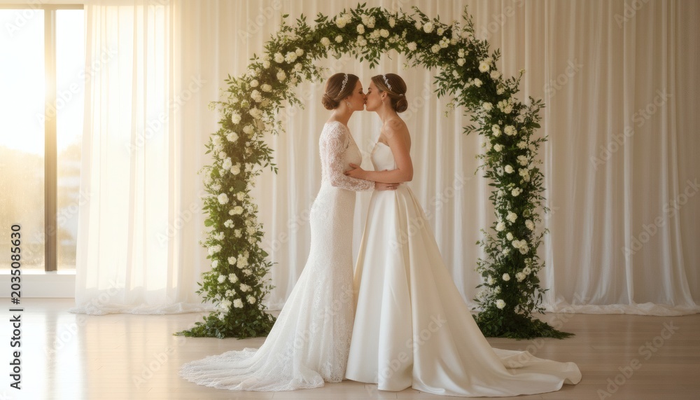 Fototapeta premium Two happy brides kissing at altar during a romantic wedding ceremony indoors, representing LGBTQ marriage equality and same-sex love celebration concept