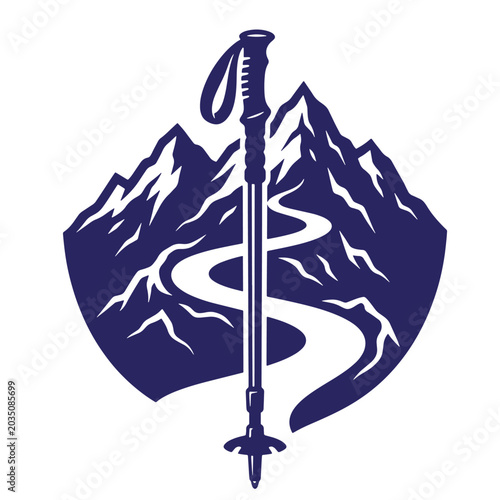Central trekking pole with winding mountain trail and alpine peaks vector graphic for hiking club badge or outdoor adventure company logo design trekking mountain