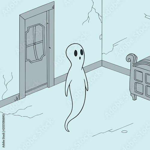 Cartoon ghost standing in an empty room with a door and bed  