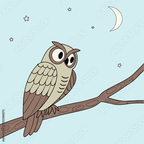Cartoon owl sitting on a branch under a moonlit sky  