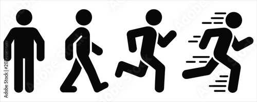Human evolution stick figures showing stage of development from standing, walking, jogging, and fast running for fitness and sports vector set