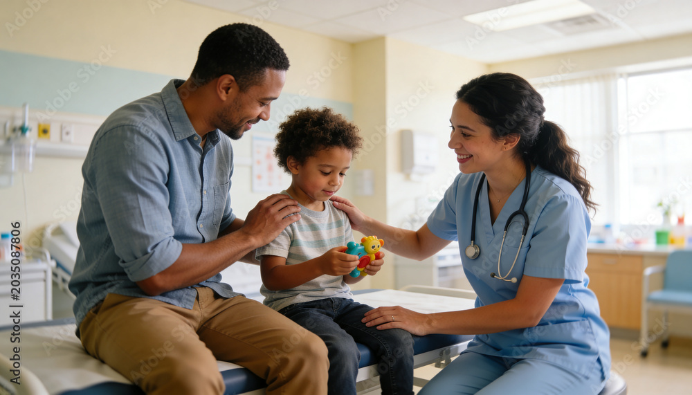 Fototapeta premium Comforting father and nurse in scrubs supporting child on peds exam table, with toy and stethoscope