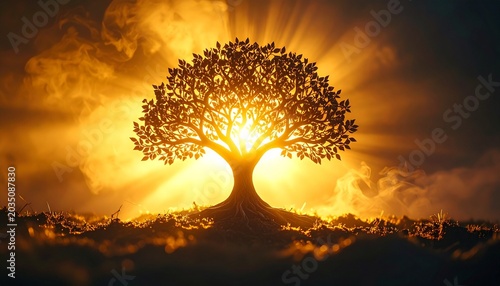 Tree of Life Illumination. Intricate glowing paper tree surrounded by mystical smoke and radiant warm fantasy light.