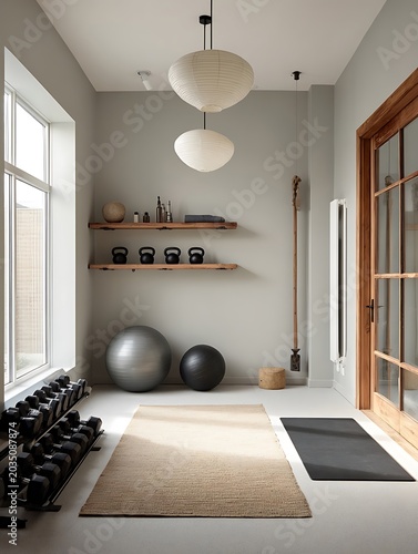 Modern Home Gym with Weights, Yoga Mats, and Exercise Balls.