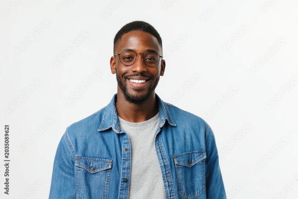 Fototapeta premium The smiling man wearing a denim jacket and glasses in studio headshot