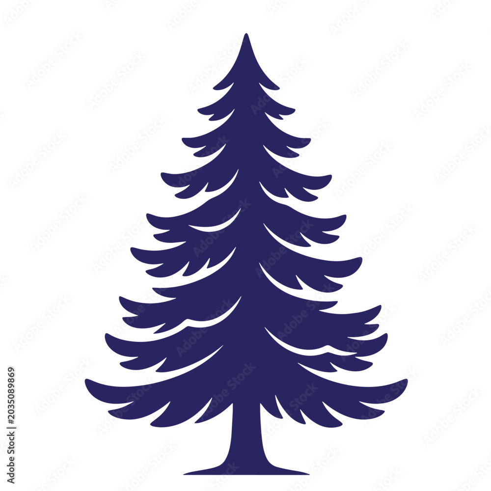 Obraz premium Dark blue silhouette of a spruce tree with layered branches on a white background pine needle evergreen silhouette woodland isolated planting decoration landscape