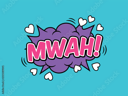 Comic style speech bubble with the word mwah surrounded by hearts a vector illustration on a teal background speechbubble graphic design text