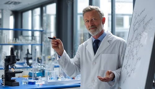 Scientist presenting research findings in a modern laboratory setting with whiteboard.