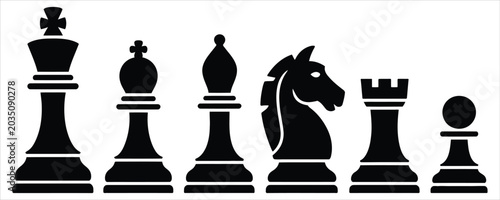 Foto Chess pieces silhouettes collection with black king, queen, bishop, knight, rook