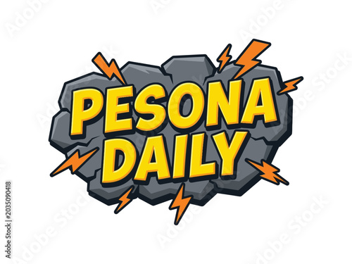 Comic style text graphic with jagged stone shape and lightning bolts set against a white background typography font lettering rock bolt yellow