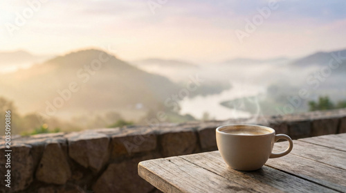 Hot coffee cup on wooden table with misty mountain sunrise landscape