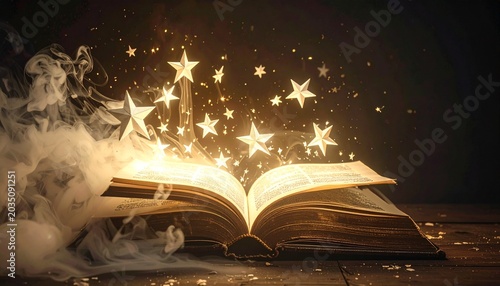 Ancient Book of Starlight Magic. Mystical glowing paper stars escaping an ancient book through swirling amber smoke and shadows.