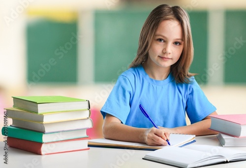 Photos education, learning and people concept - student girl with book writing school t