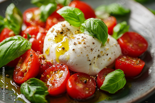 Frische Burrata mit Kirschtomaten, Basilikum und Olivenöl – Mediterrane Food-Fotografie
