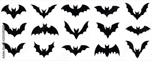 Halloween spooky bat silhouettes collection with black flying vampire bats for horror party decoration, gothic pattern, and scary backdrop vector set