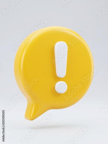 3D render yellow speech bubble with white exclamation mark, concept for warning alert or important notice.