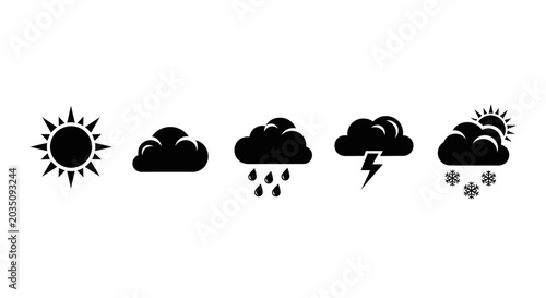 Schilderij op canvas Weather icons set including sunny cloudy rainy stormy and snowy conditions on wh