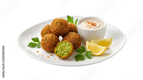 Fried falafel balls with tahini sauce and lemon on white plate with fresh herbs