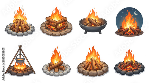 Campfire burning in winter snow with teepee tents and marshmallows roasting illustration