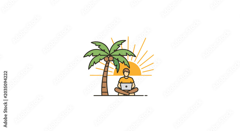 Obraz premium Man meditates under a palm tree.