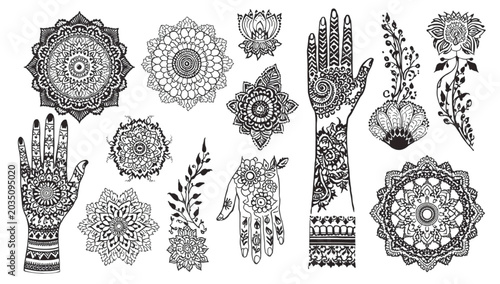 Collection of Six Geometric Mandala Patterns – Symmetrical Line Art Circular Designs for Graphic Design