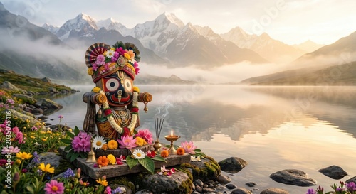 Lord Jagannath idol beside a peaceful Himalayan lake at sunrise
