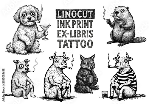 dog, poodle, cow, bull, fox, beaver, cigarette, tattoo, print, linocut stamp, ex libris, ink