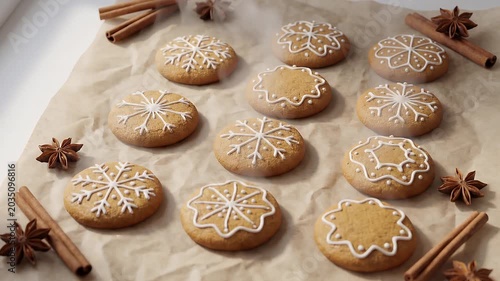 Freshly baked gingerbread cookies with intricate white icing decorations, surrounded by cinnamon sticks and star anise on parchment paper.