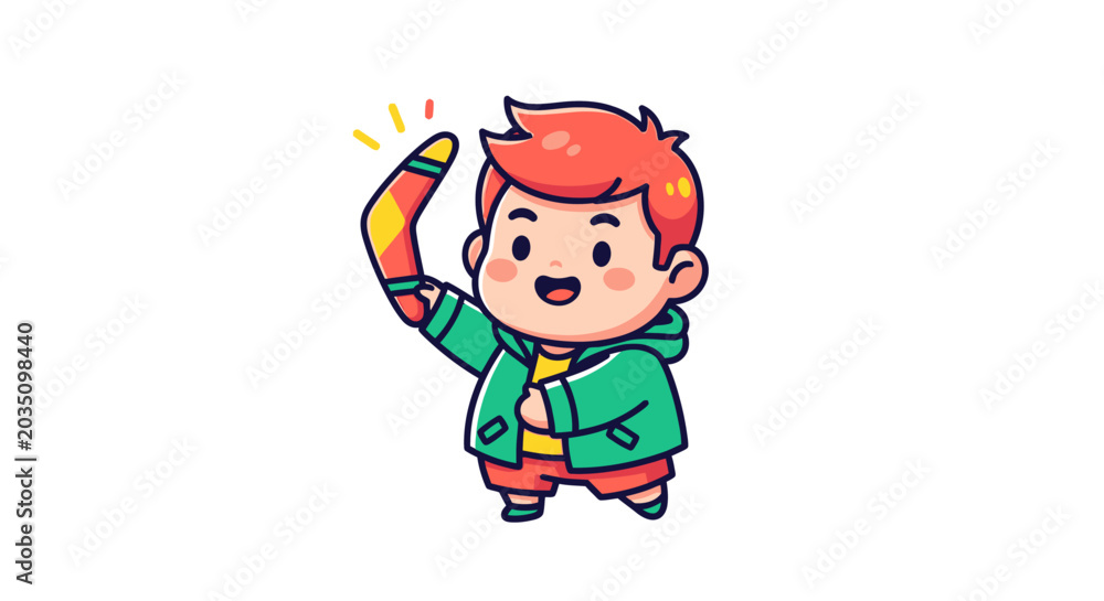 Fototapeta premium Cheerful cartoon boy raising hand with bright smile and scarf.