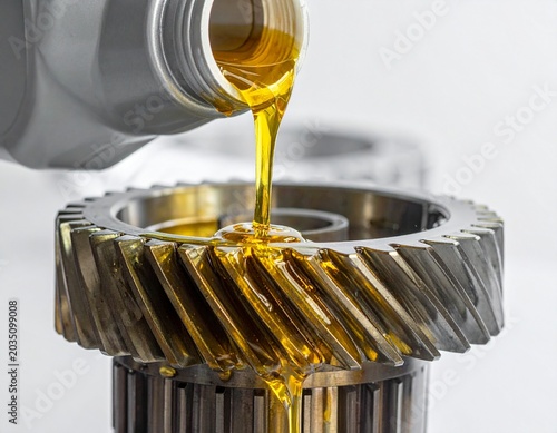 Engine gear lubrication oil pouring on a metal cogwheel. Industrial transmission