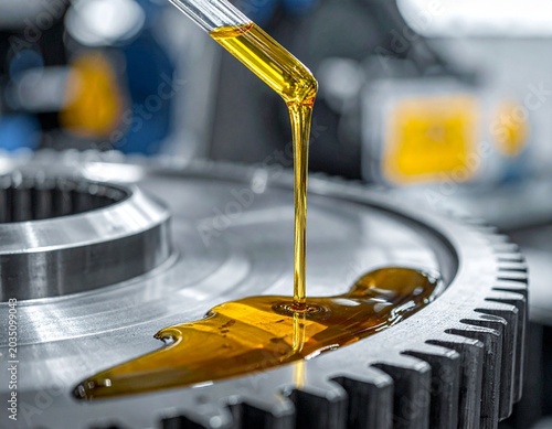 Engine gear lubrication oil pouring on a metal cogwheel. Industrial transmission