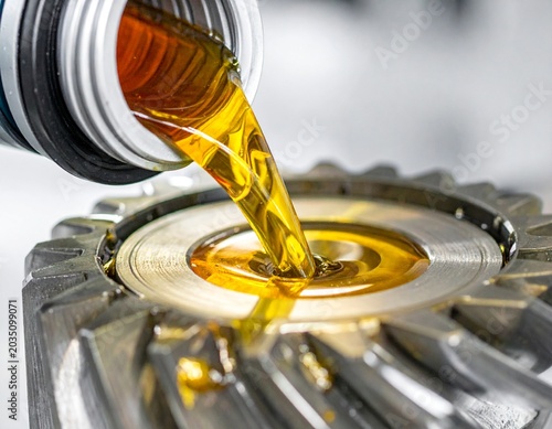 Engine gear lubrication oil pouring on a metal cogwheel. Industrial transmission