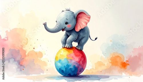 Whimsical Elephant Dreams. Charming watercolor elephant balancing happily on a vibrant ball in a soft playful fantasy world.