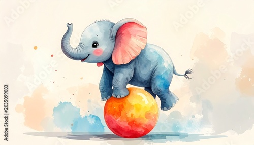 Whimsical Elephant Dreams. Charming watercolor elephant balancing happily on a vibrant ball in a soft playful fantasy world.