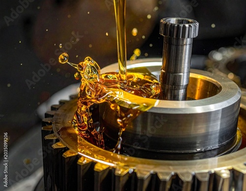 Engine gear lubrication oil pouring on a metal cogwheel. Industrial transmission