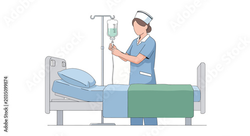 A nurse adjusts an IV drip bag next to a hospital bed, symbolizing healthcare and patient care.