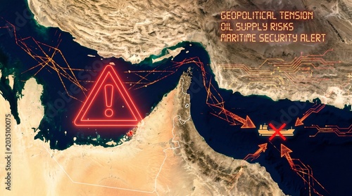 Satellite view of the Strait of Hormuz with a red warning symbol and digital lines. Concept of geopolitical tension, oil supply risks, maritime security, and global trade instability in the Gulf